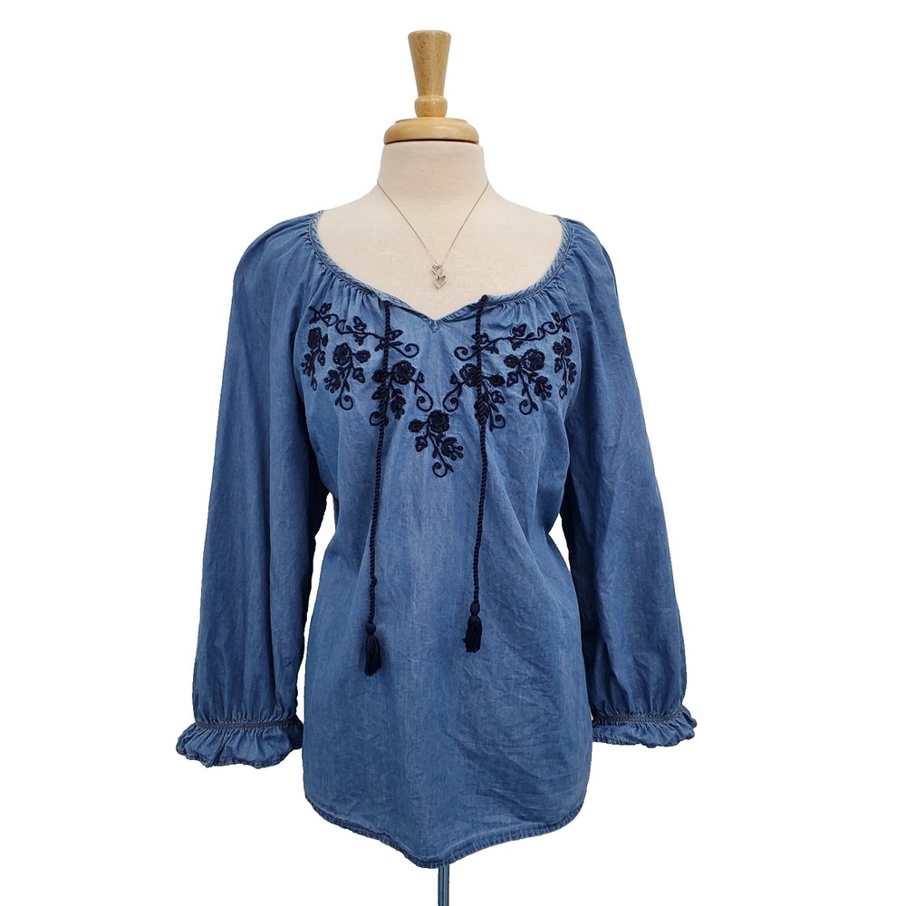 Catherines Womens 1X Petite Chambray Embroidered Boho Peasant Top Blue Tassel